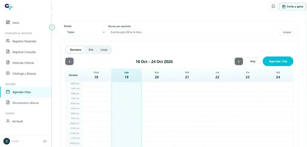 Pantalla de agenda semanal de citas del software GMedix