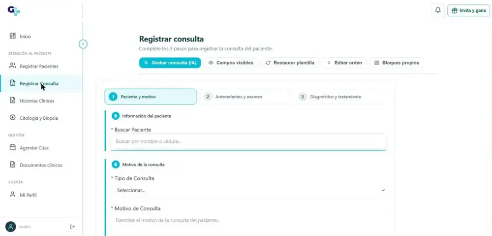 Pantalla de registro de consulta del software GMedix con el botón Grabar consulta (IA)