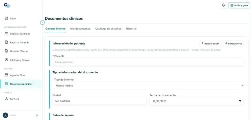 Pantalla de documentos clínicos con las opciones Rellenar con IA y Dictar por voz