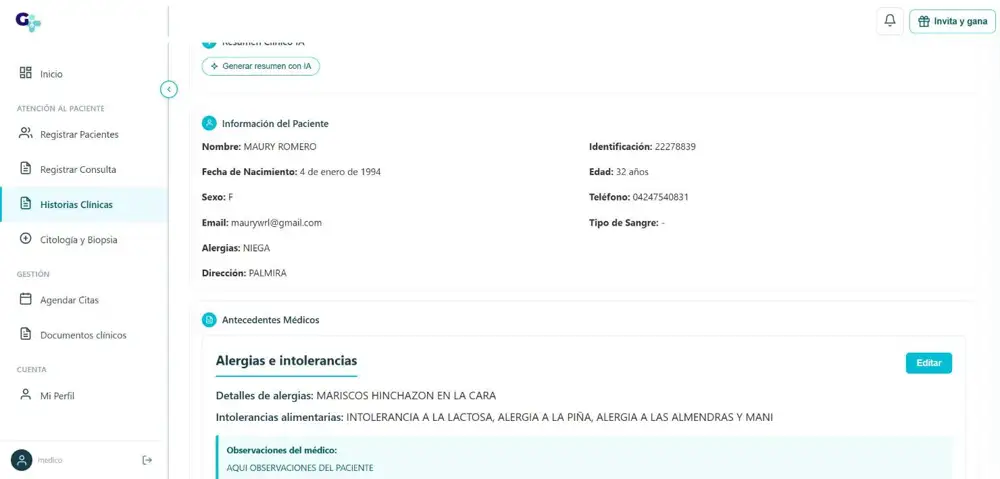 Historia clínica de un paciente de prueba con resumen clínico IA, datos del paciente y antecedentes
